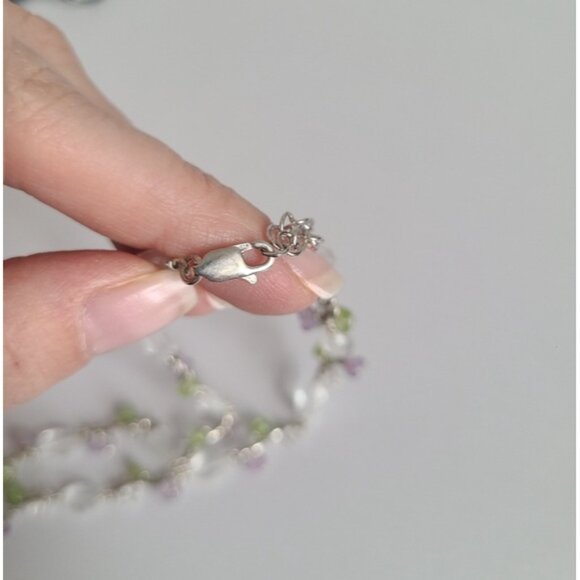 Vintage Sterling Silver Engraved Heart Purple Green Crystal Beaded Necklace - Picture 7 of 9